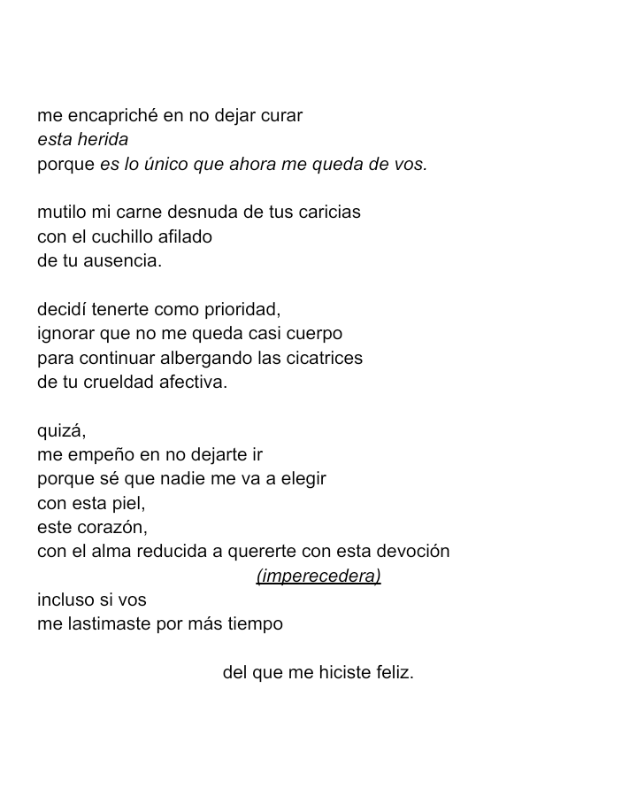 pidoternura's tweet photo. me encapriché
en no dejar curar esta herida
porque es lo único
que me queda de vos. https://t.co/WWTf66cqwW