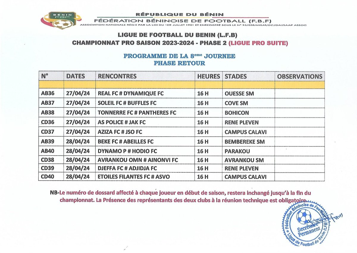 ⚽🏆 Ligue Pro Suite - 8e Journée (Saison 2023-2024)

📆  Voici le calendrier des matchs de la 8e journée

#LigueProSuite #Calendrier #Febefoot #LigueProfessionnelleBenin