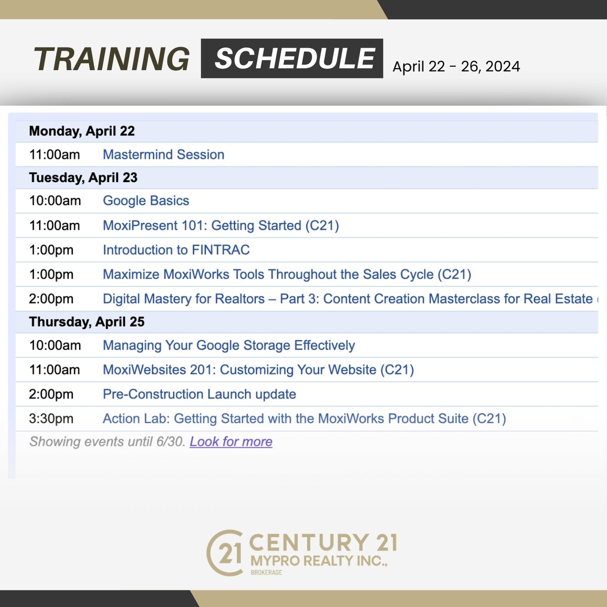 🚀 Elevate Your Real Estate Expertise with C21 MyPro's Online Trainings This Week! 🚀 Get ready to transform your approach with our upcoming sessions! #RealEstateTraining #MyProRealty #SkillEnhancement #InnovativeStrategies #RealEstateProfessionals #Empowerment