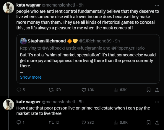 Can't be overstated how central this point is to the fundamental disagreement that leftists & liberals have over housing policy. I might add thoughts in the replies, but for now I'll just encourage you to absorb Kate's position and challenge yourself with it.