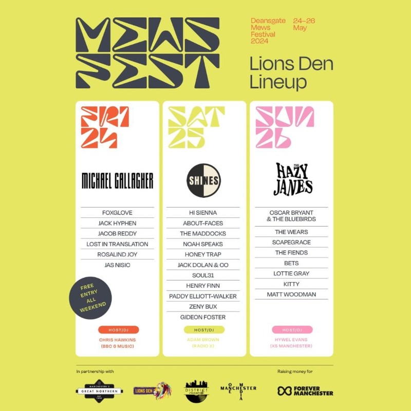 ⚪️ FESTIVAL NEWS ⚪️ @LionsDenMcr have announced this years lineup for Mews Fest and it's brilliant! It's free entry so make sure you go and check out these great bands.