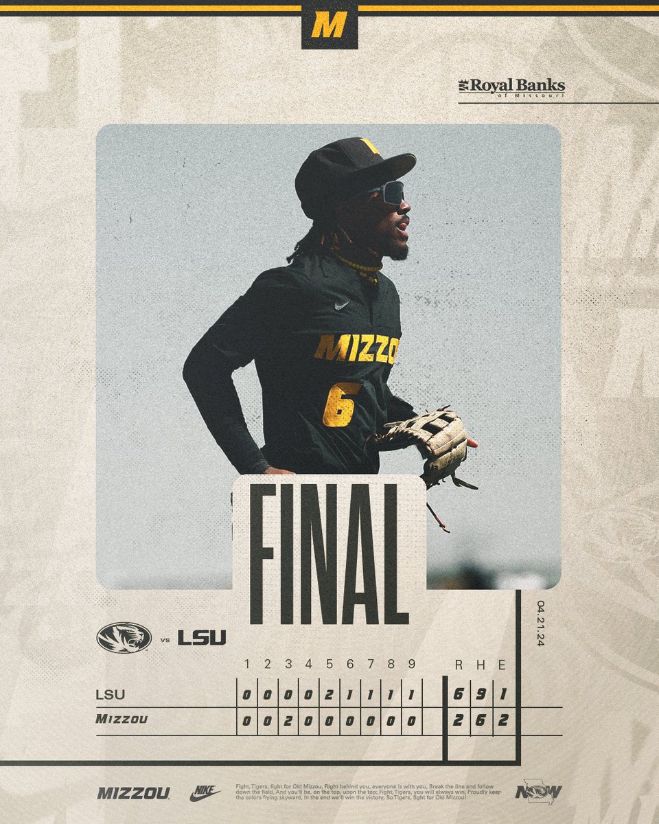 Final from Taylor. The Tigers look to get back to their winning ways on Tuesday against Missouri State. First pitch is slated for 6 p.m. #𝙈𝙞𝙯𝙯𝙤𝙪𝙉𝙊𝙒 | 🐯⚾️