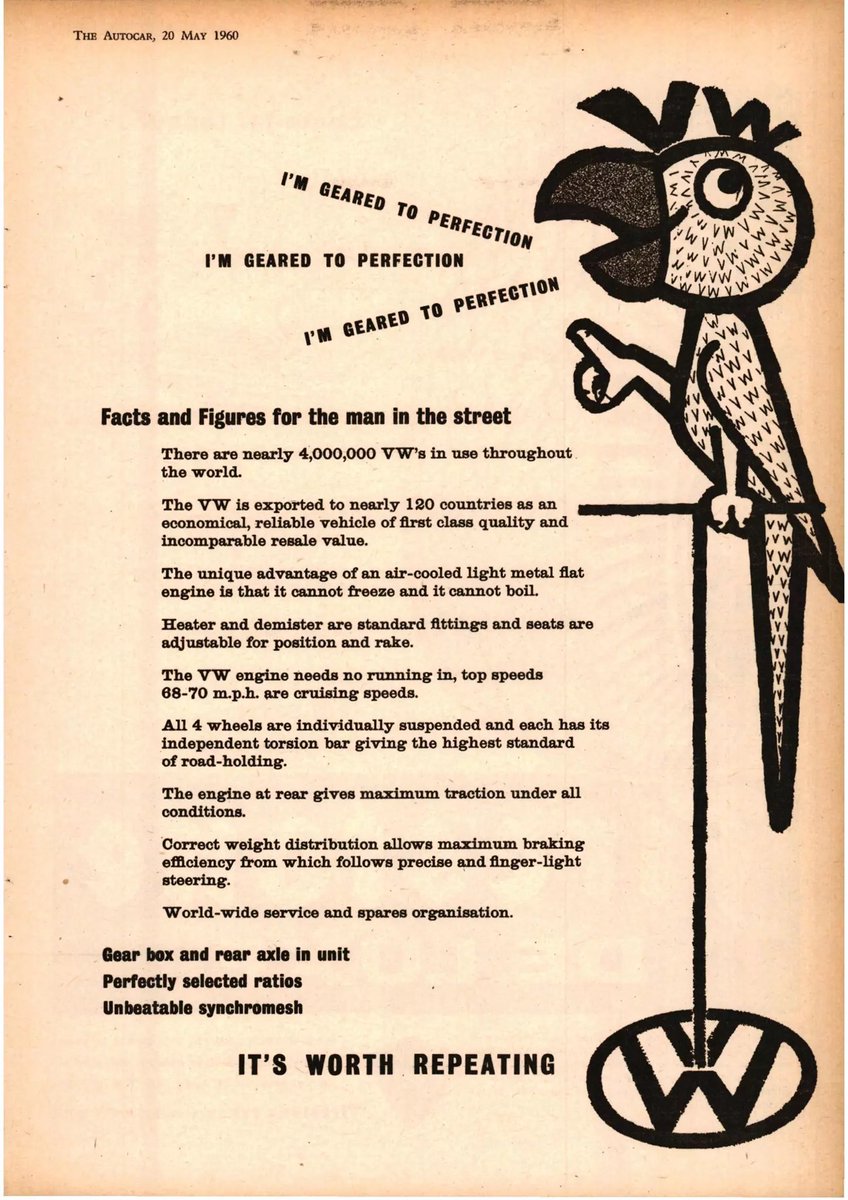 Factoid Extra: No idea why a cartoon parrot appears here but by 1960 there was no doubting the Beetle’s success in countless country not least in the UK where it was one of 1st imported cars to really make an impact… @neilmbriscoe @t2stu @DarraghMcKenna @TopOfTheTower @StvCr