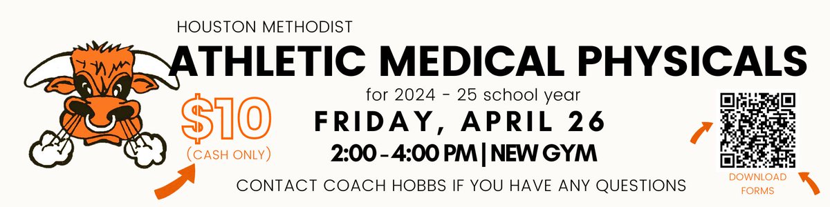 Athletic physicals are Friday, April 26th from 2 - 4PM in the new gym. Contact Coach Hobbs if you have any questions.