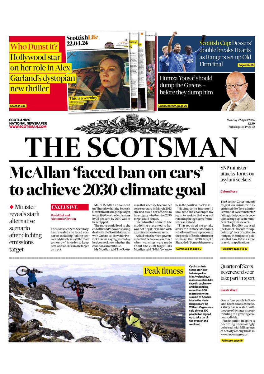 Monday’s SCOTSMAN: “McAllan ‘faced ban on cars’ to achieve 2030 climate goal” #TomorrowsPapersToday
