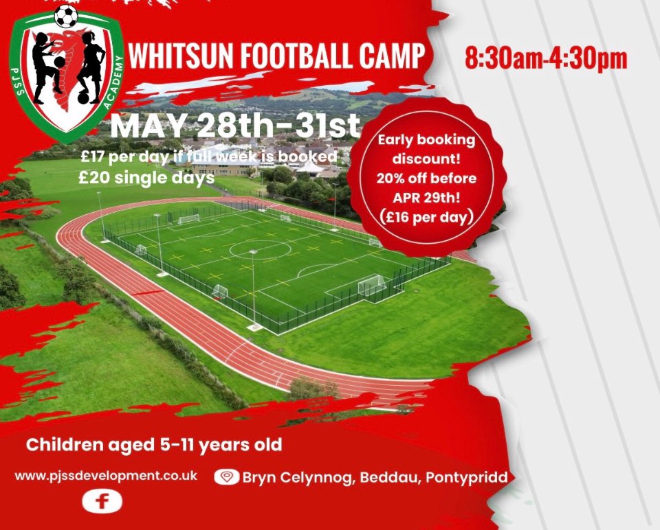 PJSS football camp ⚽🏆will be running a Whitsun football camp for boys & girls aged 5-11 yrs Dates: 28th May - 31st May Website bookings: pjss-development.classforkids.io/camp/24 Website for camp info: pjssdevelopment.co.uk Facebook: m.facebook.com/PJSSDevelopmen… @BeddauPact @RCTCouncil