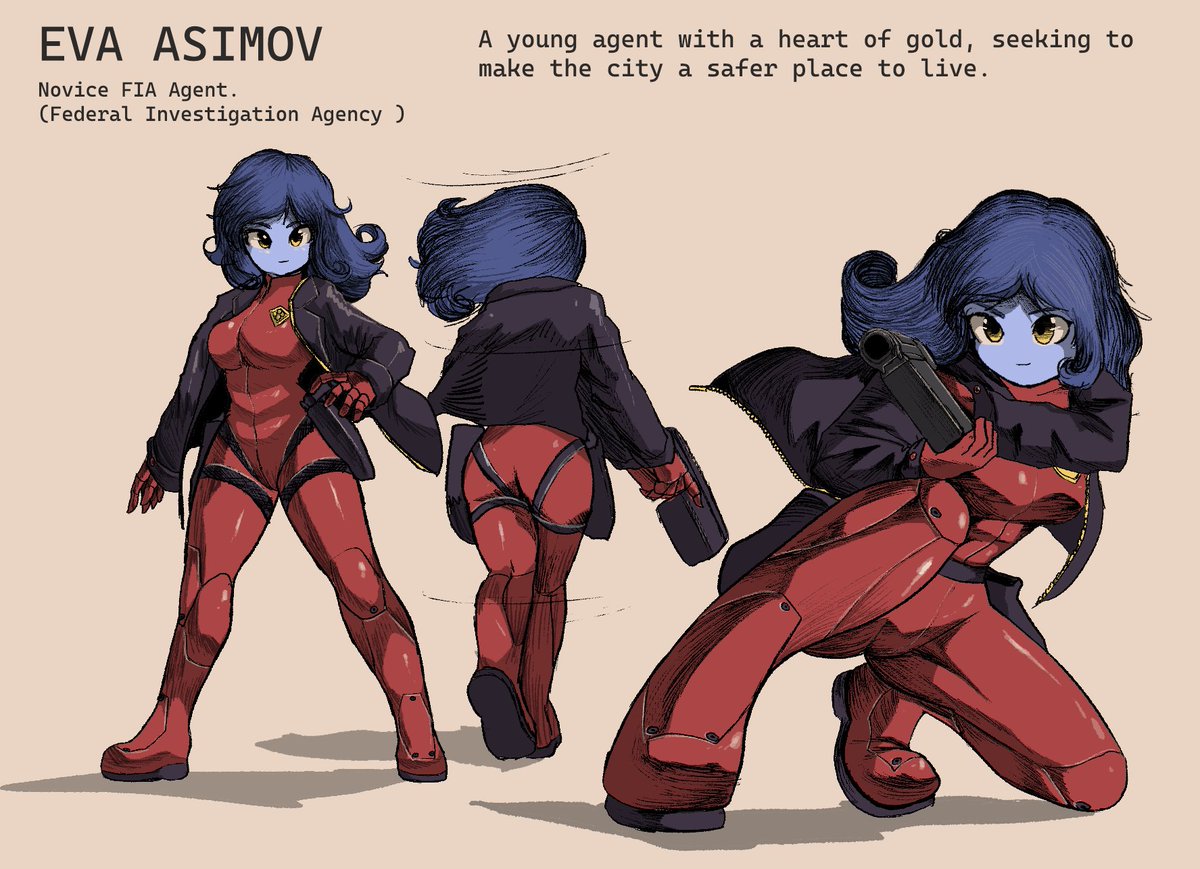 'Ready to protect and serve!' Eva Asimov from #steelduo before she turned into the grump she is in that game. Concept art for an idea I had.