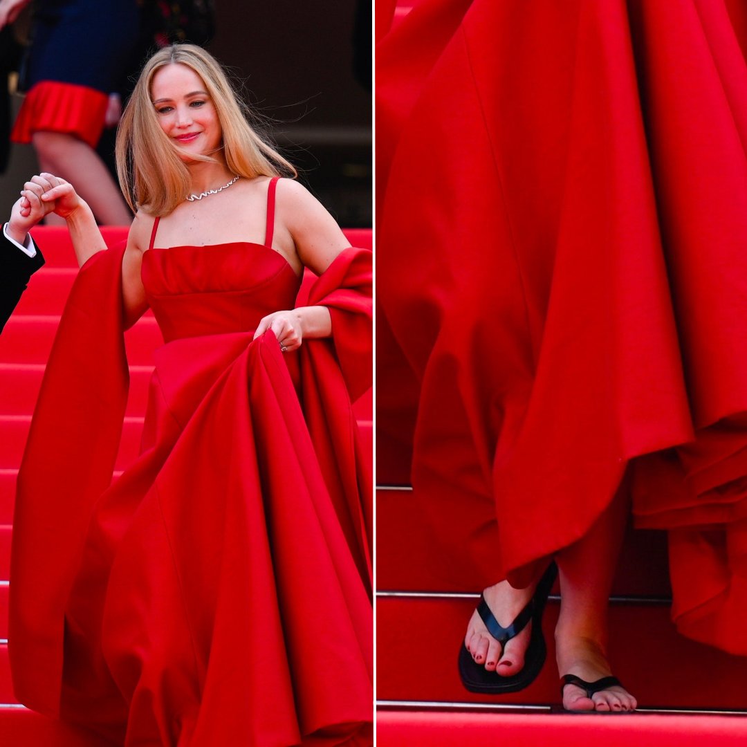 #JenniferLawrence rompió el protocolo al usar chanclas en la alfombra roja de #Cannes2023: trib.al/qRixmZd 🩴