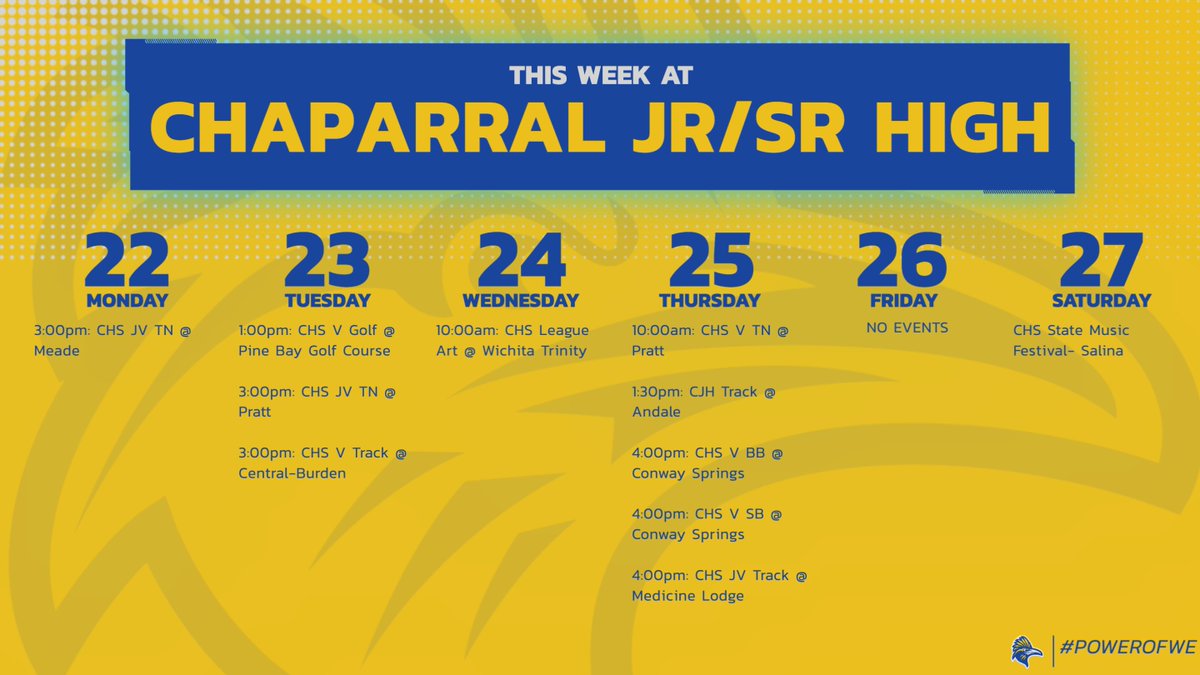 📅 Weekly Roadrunners Schedule! 🏫

Hey Chaparral Parents! 🌟 Check out this week's lineup for our Roadrunners! 📆 From academics to athletics, we've got a packed schedule ahead.  #ChaparralHigh #WeeklySchedule #RoadrunnerPride