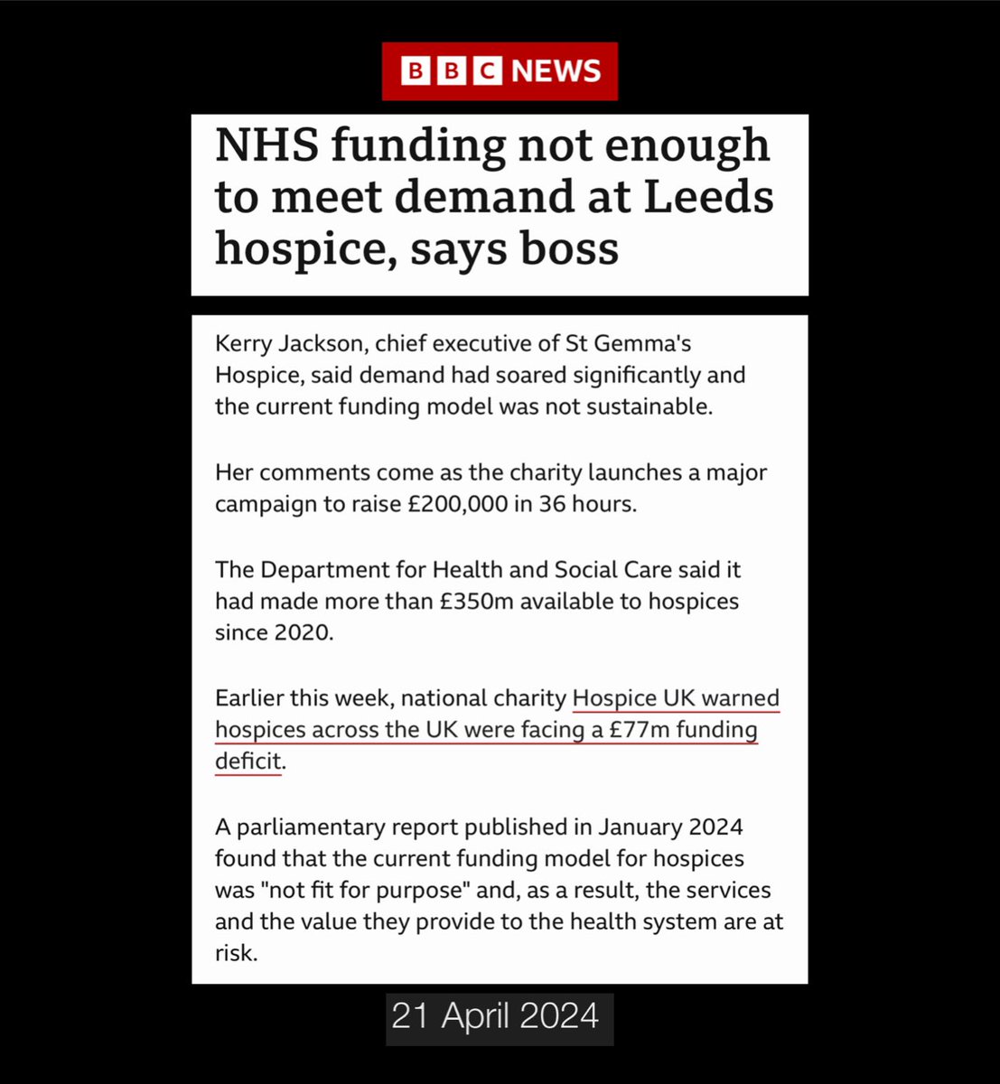 Dear 🇬🇧,

A Leeds hospice is running an American-style GoFundMe campaign as NHS funding for hospice care has also been gutted. If you believe that we all deserve world class care from birth to death, and at every point in between, then please, never vote Tory ever again.

#SOSNHS