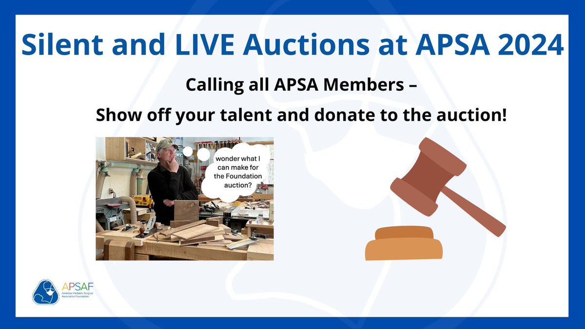 Silent and LIVE auctions at #APSA24! Support the APSA Foundation's mission and commitment to pediatric surgical research and innovation by making a bid: buff.ly/4b52aGm or donating an item: buff.ly/4b5NzKU