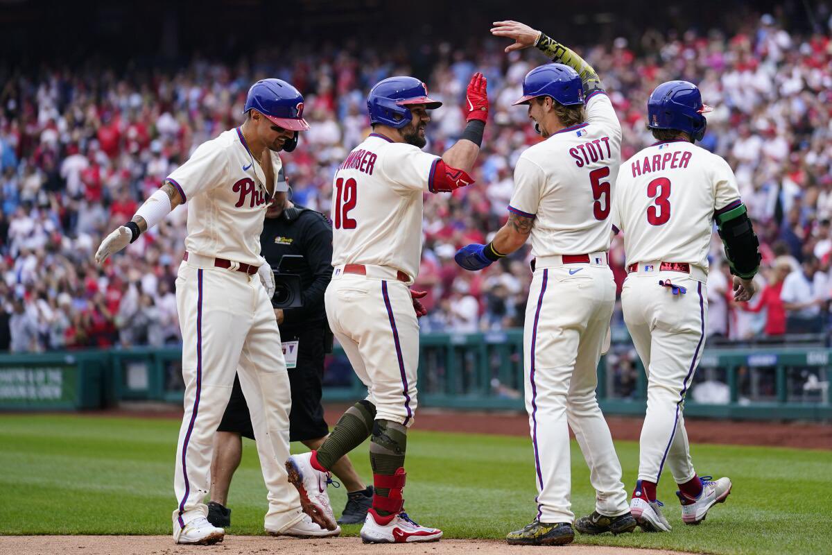 PhillySportsExp's tweet photo. Phillies win 8-2 with Aaron Nola dominating and Schwarber going yard.

Since joining the Phillies, in games when Aaron Nola pitches into the 7th inning or later and also Kyle Schwarber hits a home run:

The Phillies are 22-0 out scoring their opponents an astonishing 121 - 33 https://t.co/2vZ70g1UK4