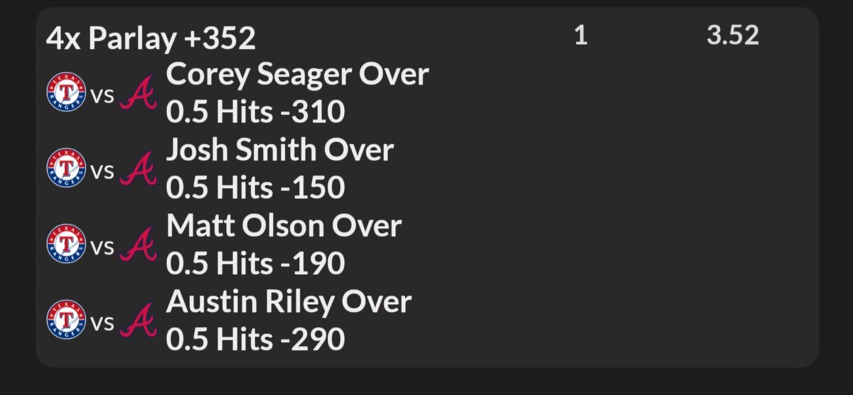 Have lost my L5 u0.5 hit straight bets so naturally going to make an over 0.5 hit parlay for SNB, should go well. Tailing @CamIsMoney18 with Smith/Olson hits and decided to add in Seager/Riley to make this super fixed. #MidMajorIsSharp