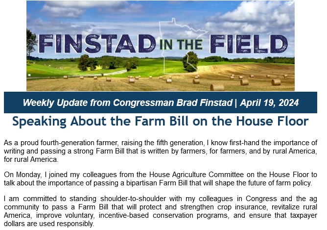 #FinstadInTheField
April 19

#MN01 @RepFinstad spoke of 'the importance of passing a BIPARTISAN Farm Bill', yet ya gotta wonder when 25 #MAGARepublicans voted NO on #HR8038 21st Century Peace Through Strength Act which addresses combat the #Fentanyl epidemic, is a #FarmBill dead?