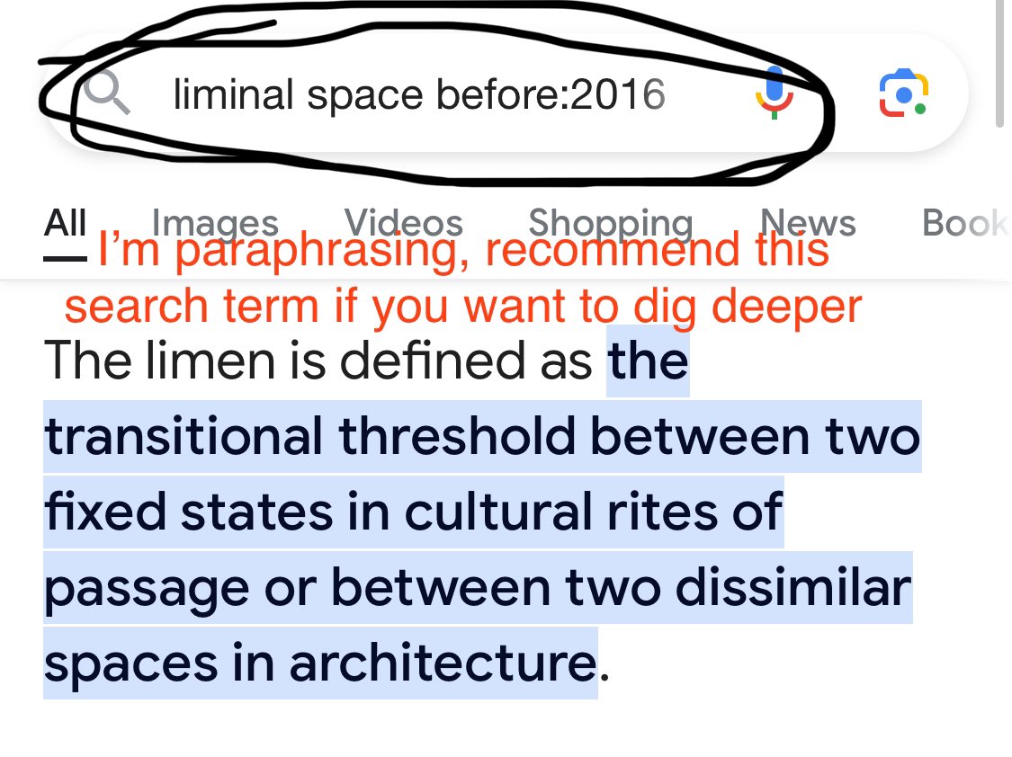 @sad_slightly liminal space used to be a (mostly academic) term for a transitional area. train stations, hallways, airport terminals etc

you’re meant to pass through, not stop and examine them, so ppl noticed they can feel uncanny at weird hours, and the definition drifted
