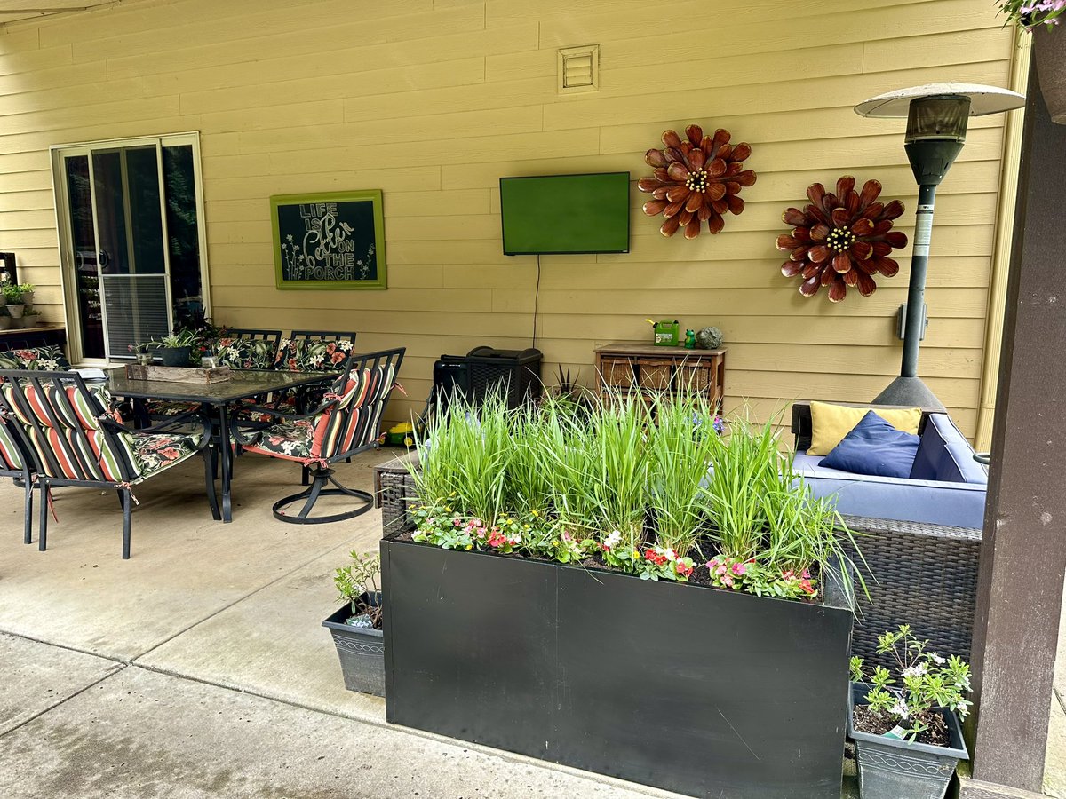 One of my projects today. Used an old file cabinet as a planter hoping the grass will grow long enough to shade anyone sitting on the couch this summer. I was going to paint it but actually like the way it is. Next year I might put wheels on the bottom of it.