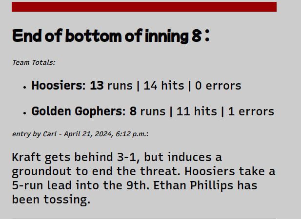 Kraft gets the most important out of the series. #iubase leads by 5 with 1 inning to play. 
Live Game Blog: apps.iubase.com/live_game_blog…