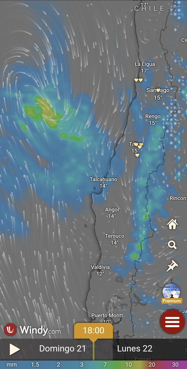 Lluvia y viento próximas horas. En regiones de Maule, Ñuble y Biobío se proyecta lluvia de variada intensidad y viento moderado entre esta noche y medio día del lunes. Chubascos pueden alcanzar O'Higgins por el norte y Los Lagos por el sur. Montos variables de 5-35 mm.
