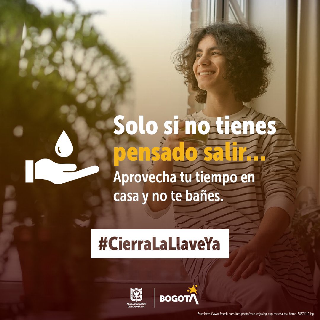 ¿Sabías que el 5️⃣8️⃣% del consumo de agua en Bogotá se debe al aseo personal? Si vas a quedarte en casa, ahorra agua, evita ducharte prolongadamente o no te bañes. #CierraLaLlaveYa.