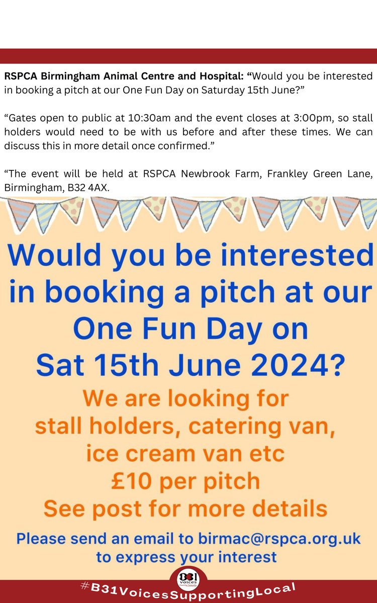 Fancy having a pitch? Book yours  now😊 

#B31VoicesSupportingLocal 
#Frankley 
#Birmingham 
#BirminghamUK 
#RSPCA
#B31Voices #BVoices
