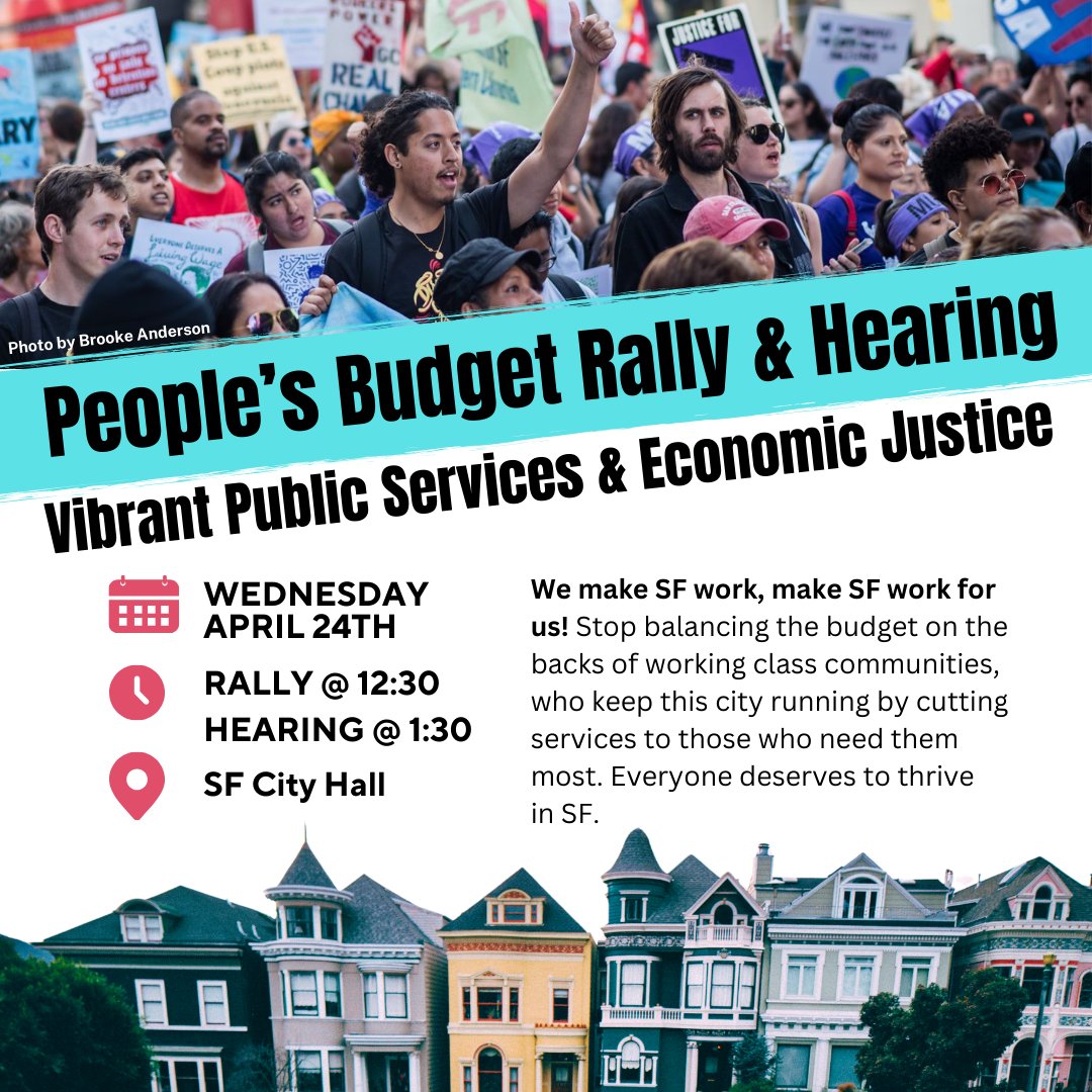 Budget Justice Coalition (@budgetjusticesf) on Twitter photo Fight for a People's Budget! Rally on steps of <a href="/SFCity_Hall/">SF City Hall</a> on April 24 @ 12:30pm to fight for Vibrant Public Services & Economic Justice. We make SF work, make SF work for US! #BudgetRally #SFLoveUsBack Fight for a People's Budget! Rally on steps of <a href="/SFCity_Hall/">SF City Hall</a> on April 24 @ 12:30pm to fight for Vibrant Public Services & Economic Justice. We make SF work, make SF work for US! #BudgetRally #SFLoveUsBack