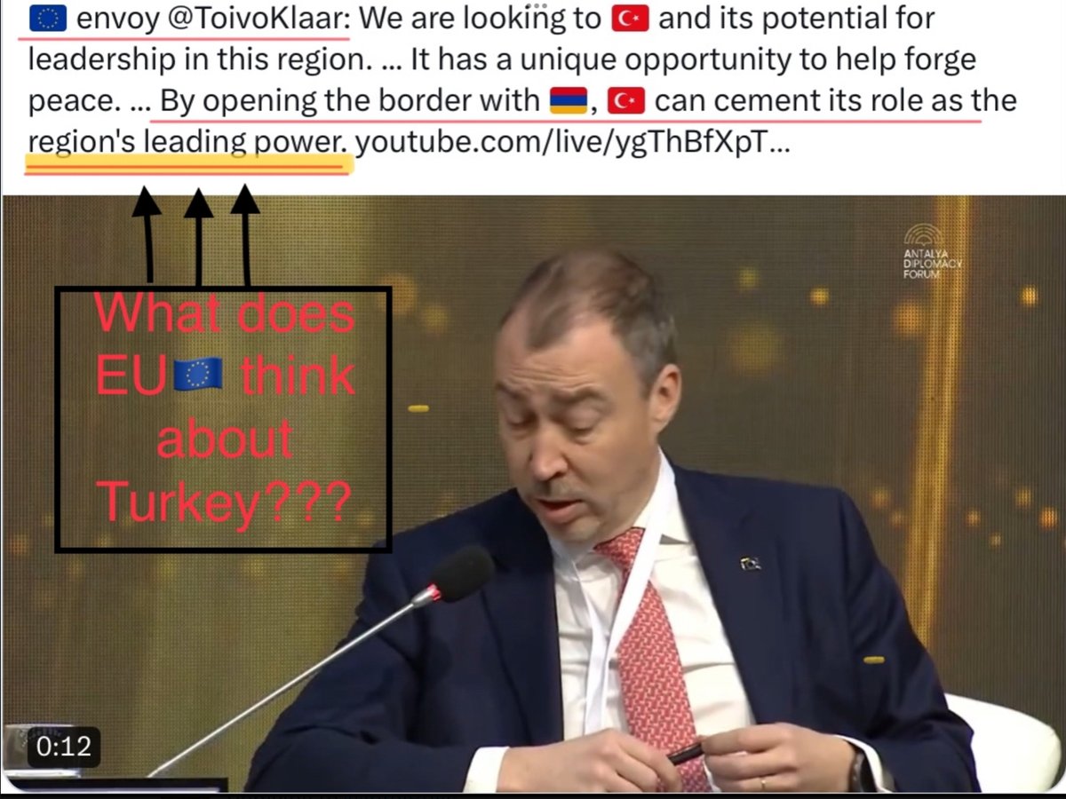 Have you noticed that the same “Armenian” accounts that cheer for “demarcation” (aka surrender of 🇦🇲 lands) also support removal of  Russia from Armenia?  

Well  their  western  sponsors  want  to replace Russia  with TURKEY as the regional  leader.  

Toivo  Klaar 🇪🇺 envoy: