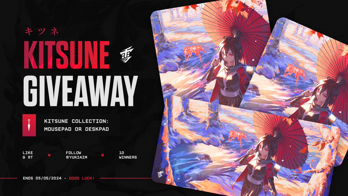 🔥 Yuki Aim Giveaway 🔥 10x Kitsune Mousepad 🦊 To enter: 1⃣ Follow @YukiAim ✦ 2⃣ Like + RT this tweet ✧ 🏆 10 Winners ✦ 🗓️ Ends May 5, 2024 ✧