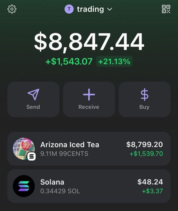 So 2 weeks ago I bought Donald Trumps dog $99CENTS

I put in $5,000
Now its $277,000

To celebrate I’ll send 10 people $5,000
Just Like, RT and comment address 

While 90% of ppl in crypto lose money, I WIN. 

My next play is <a href="/99CENTS__/">$99CENTS 🧊🫖</a>
Top tier artwork
Large marketing budget