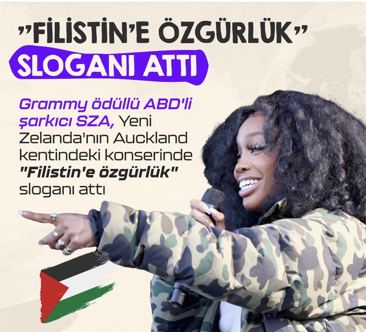 Grammy ödülü ABD li şarkıcı SZA konserinde “Filistin’e özgürlük” sloganı attı. Bizim sanatçılarda reklam gelirleri ve konserleri kesilir korkusuyla suskunları oynuyorlar.