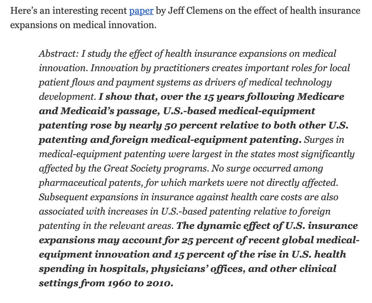 Just learned about @jeffreypclemens' paper finding that the creation of Medicare and Medicaid appreciably raised medical patenting (presumably via a demand channel), and this likely had global spillovers owenzidar.wordpress.com/2013/03/28/the…