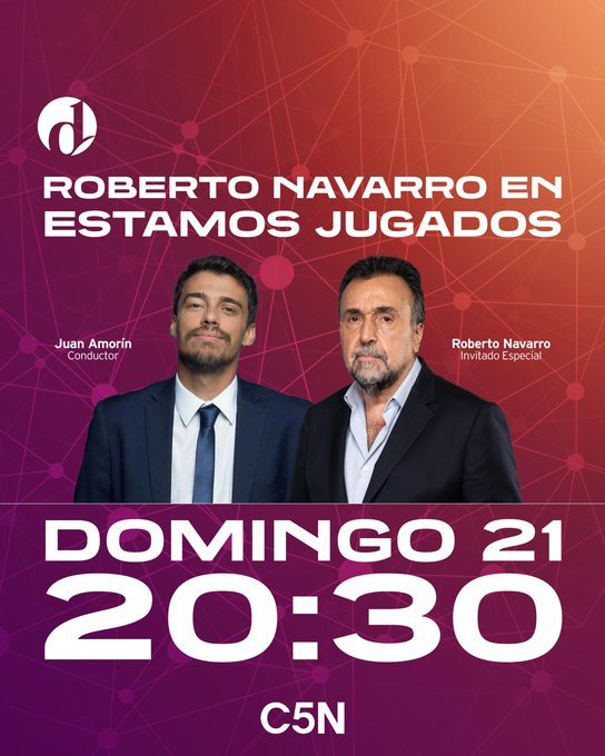 Esta noche volvemos a encontrarnos con el querido @robdnavarro en @C5N 🙌🏽 Desde las 20.30 hacemos #EstamosJugados, con @rosarioa, @dcayon, @HernanNucera @FranciscoPesky y @ArrepentidosLLA 🔥