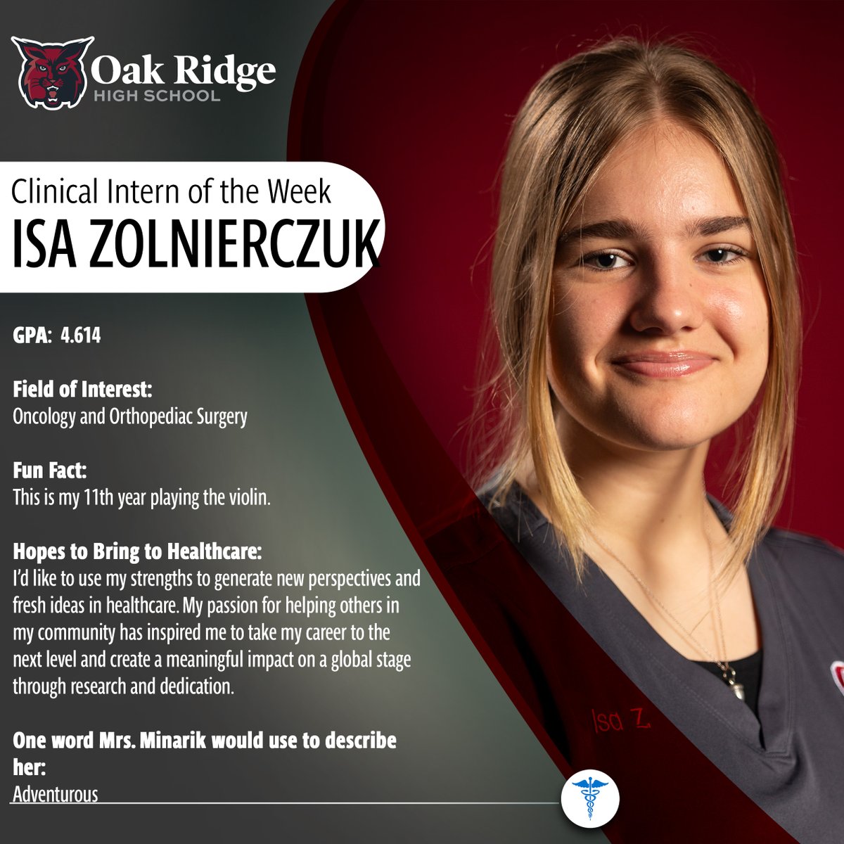 This week’s spotlight is on Isabella Zolnierczuk! Isa is full of energy and eagerness and will be able to energize and cheer her future patients. Isa also earned her Medical Assistant certification in January! #futurehealthcare #WBL @ORSchools @ORS_CCTE