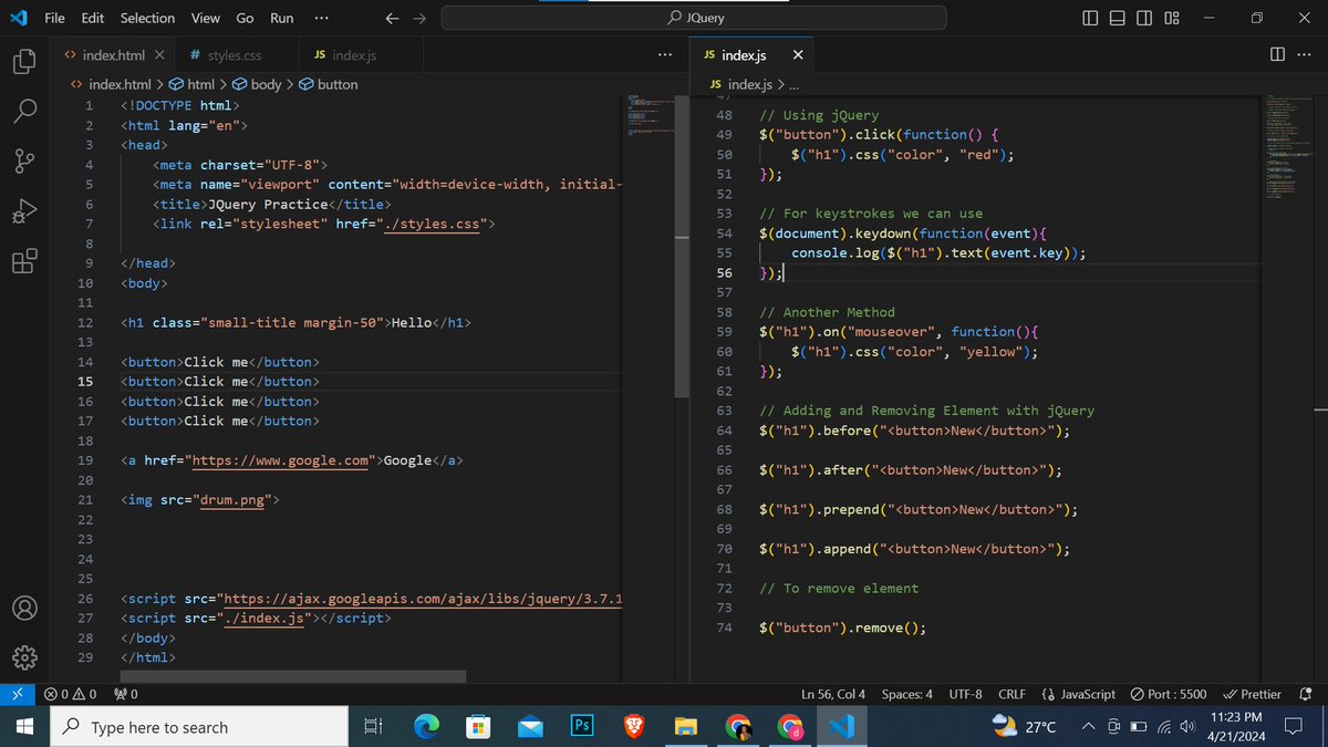 Day 81 #100DaysOfCode of learning #javascript for #frontenddevelopment

Today, I learnt how to add and remove elements with jQuery using the before(), after(), prepend(), append(), and  remove() methods.

#javascriptlearning #javascriptdeveloper #webdevelopment  #codechallenge