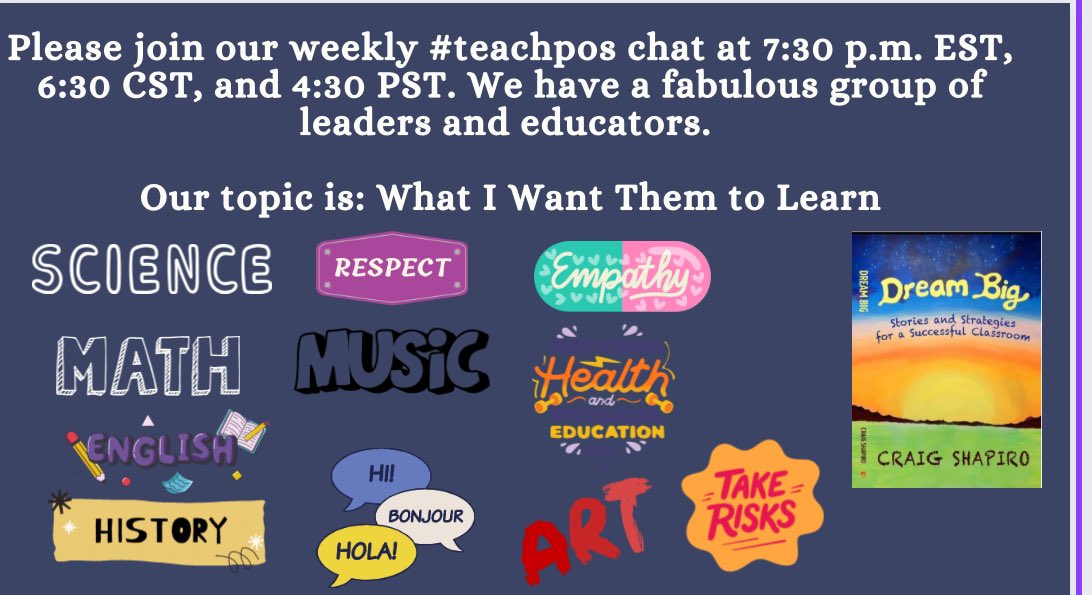 #teachpos in one hour - What I Want Them to Learn is the topic. Respect - Empathy - Taking Risks - and of course our content all matter. @ChristineBemis2 @ChrisQuinn64 @DrCSJones @donna_mccance @EdumatchBooks @LindaEdwardsi @Rdene915 @redefineED @mcdonald_kecia @Toups_J