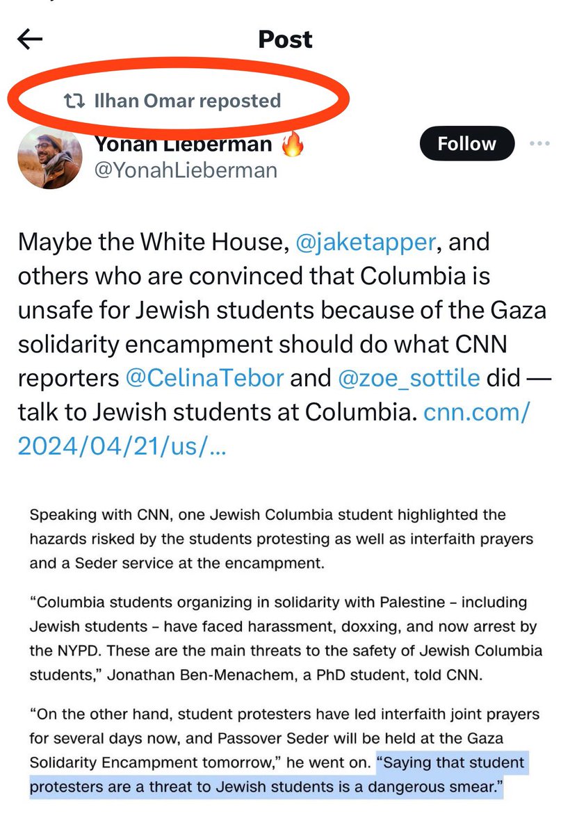 Of course @IlhanMN tries to downplay the disgusting Jew hatred at Columbia University. The whole world is watching videos of students screaming at Jews to “go back to Europe” and hollering genocidal chants. To deny or downplay the crisis is to be complicit in the crimes.