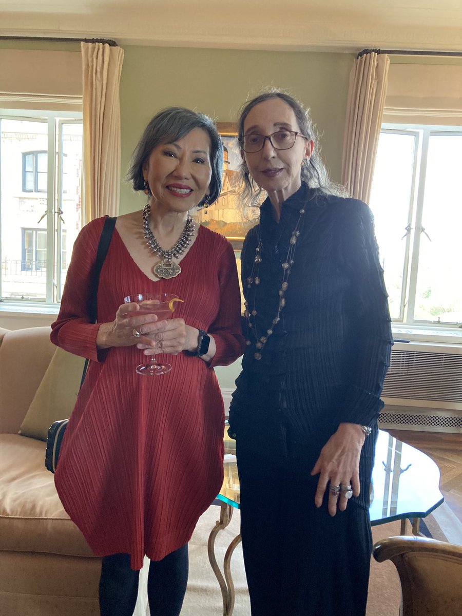 Nerve is required to be in a frame with gorgeous/glamorous Amy Tan but in this case homage must be paid to Issey Miyake (my outfit is a gift from Amy). (Yes, a Hopper in the background unfortunately barely glimpsed.)