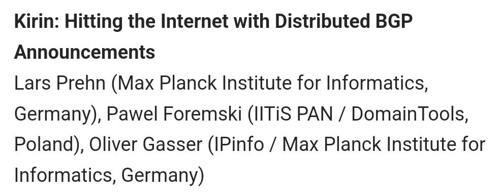 pforemski's tweet photo. I'll be presenting the Kirin #BGP attack in Singapore during @ASIACCS2024 in July.

Our joint paper with Lars @mydamnhandle1 and Oliver has been accepted! https://t.co/VIwrz5rnEE