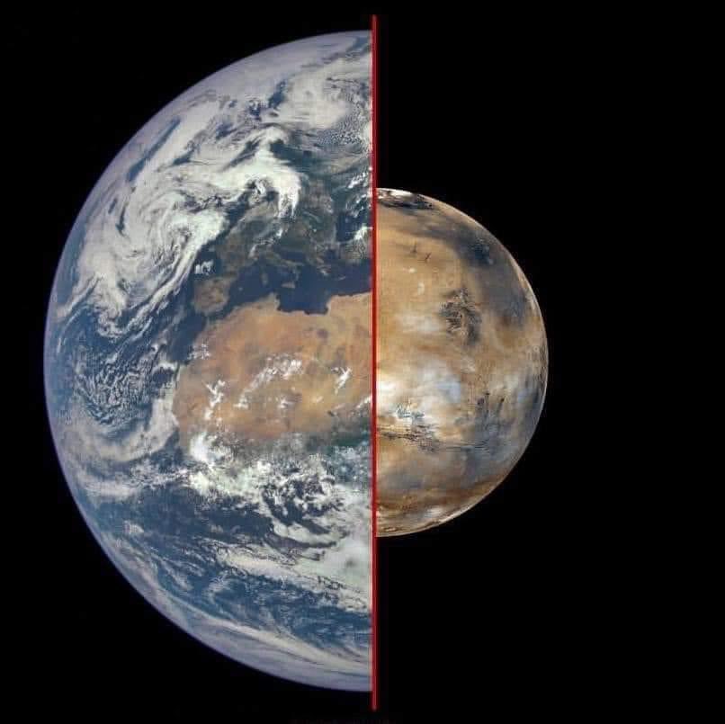 La Tierra comparada con Marte respecto a su tamaño.

Diámetro Tierra: 12.742 km
Diámetro Marte: 6779 km