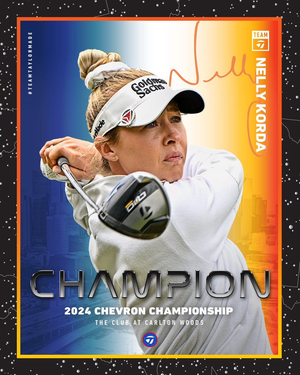 TaylorMadeTour's tweet photo. SECOND MAJOR TITLE. FIVE WINS IN A ROW. 

@NellyKorda wins The Chevron Championship! Runs like this don’t happen often. Players like Nelly don’t come often. But this is her time. #BeyondDriven #TeamTaylorMade https://t.co/TZAkIbueWb