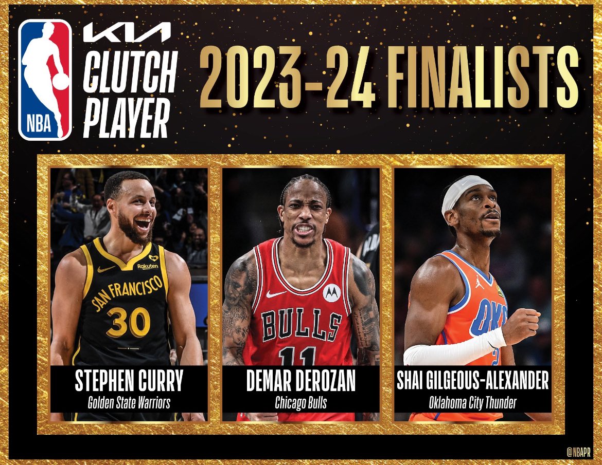 2024 NBA Clutch Player of the Year finalists: 🏆 Steph Curry — Warriors 🏆 DeMar DeRozan — Bulls 🏆 Shai Gilgeous-Alexander — Thunder
