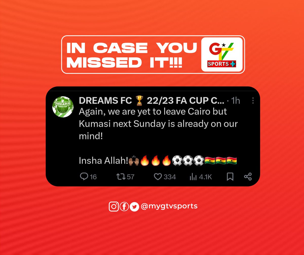 After their heroic draw against Zamalek in Cairo, we all have to show up and support Dreams FC at the Baba Yara Stadium in Kumasi.

Go @DreamsFootballC ✨️

#GTVSports