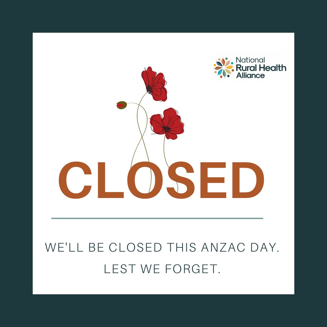 In observance of ANZAC Day, the NRHA office will be closed on April 25th. We honor the memory and service of all ANZACs and their families. Our office will reopen on April 26th, ready to continue our commitment to rural health. #ANZACDay #LestWeForget