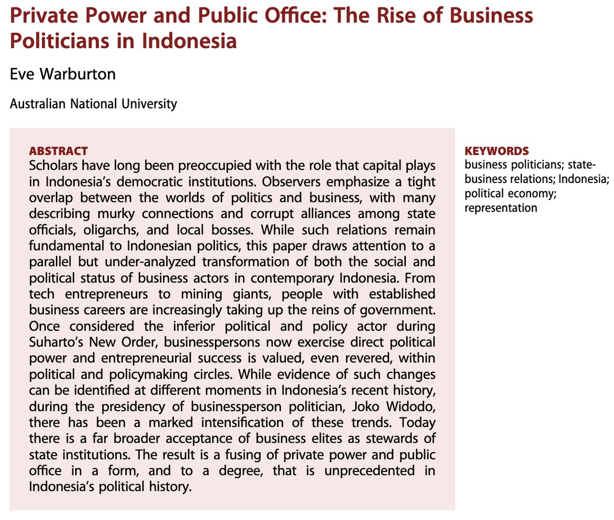 My new article is out! It examines the political rise of businesspeople in contemporary Indonesia, and it's the first article from my new research project. Many thanks to colleagues, and to reviewers and editors at @CriticAsianStds 🙏tandfonline.com/doi/full/10.10…