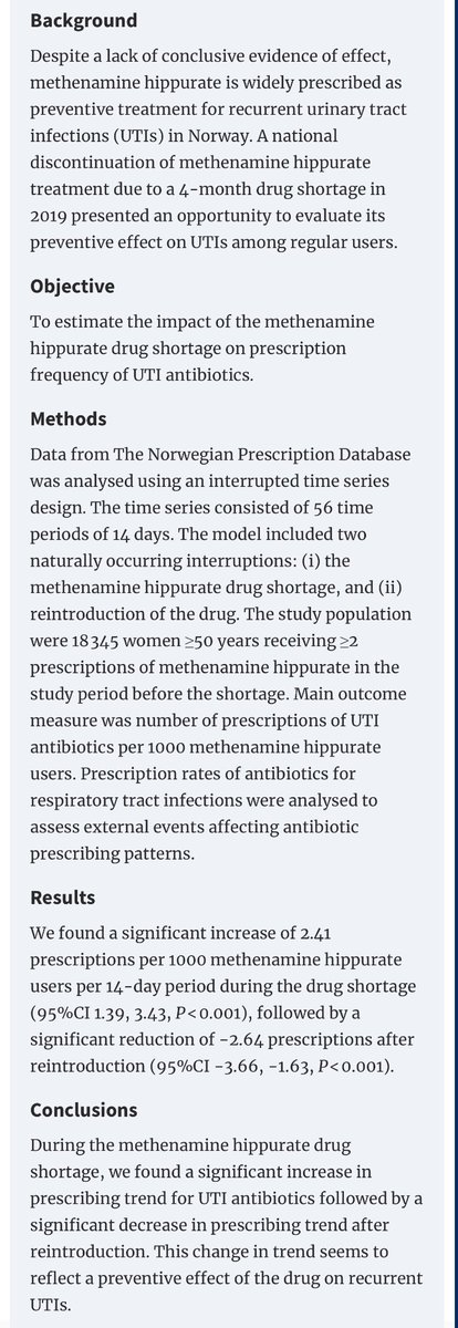 This is interesting. Methenamine is a super cool drug, formaldehyde and all. academic.oup.com/jac/advance-ar… In @BSACandJAC