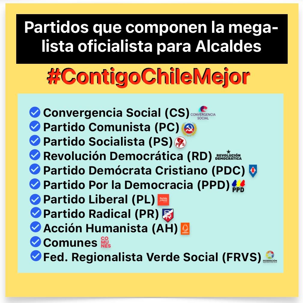 Para los que han preguntado sobre los partidos de la lista #contigoChileMejor, se las dejo aquí para que compartan cuando pregunten. Difundir, #seguimos !