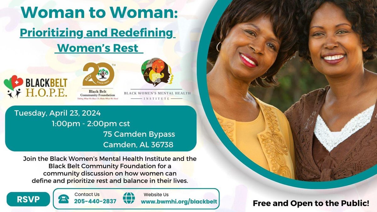 Join the Black Women's Mental Health Institute and the Black Belt Community Foundation this Tuesday, April 23rd for a community wellness workshop on women's rest. To register, visit: bwmhi.org.

#BWMHI #BBCF #NoMoreMartyrs #BlackMentalHealth #BlackWomen #BlackGirls