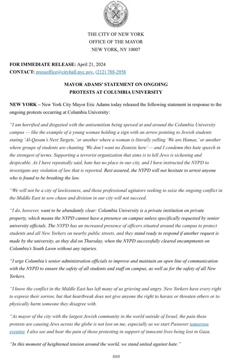 New York Mayor Eric Adams issues a statement on the ongoing Columbia University protests, saying he is ‘horrified and disgusted with the antisemitism.’ 

He also declared “We will not be a city of lawlessness. 

In the statement however, he specified that Columbia is a ‘private