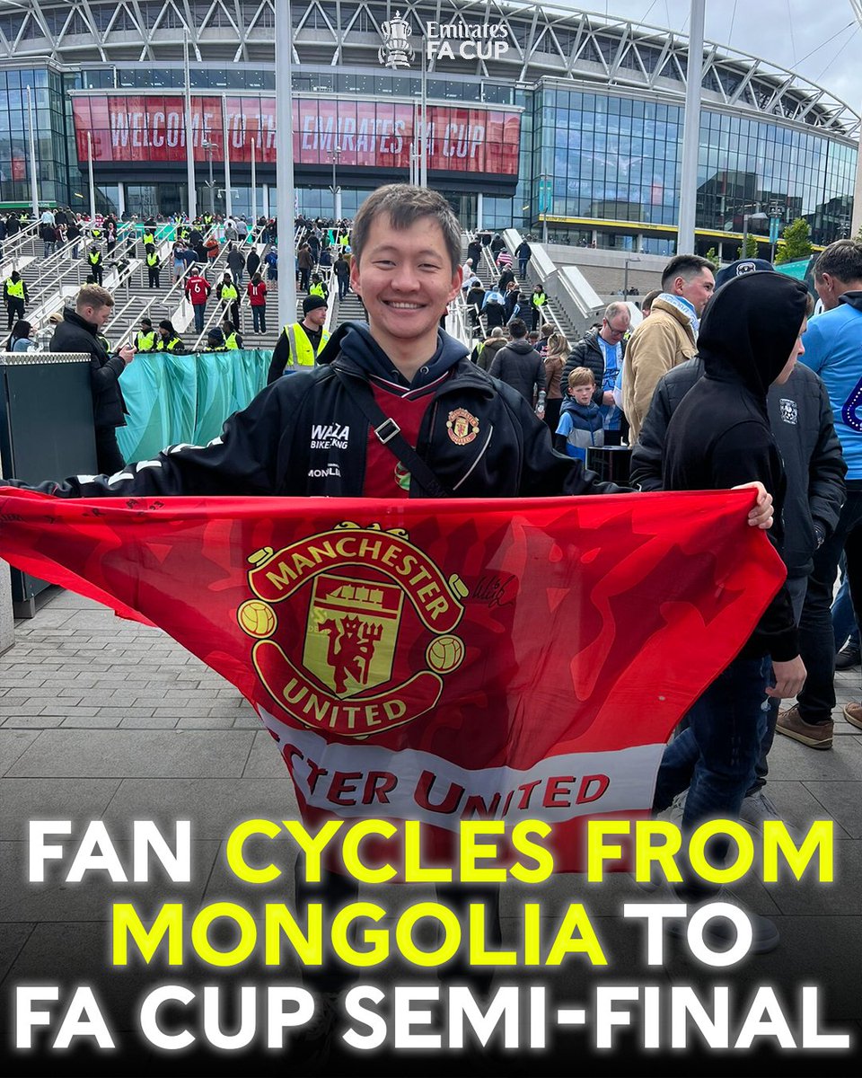 This @ManUtd fan made the 7,000km trip from Mongolia to Wembley for the #EmiratesFACup semi-finals, by BIKE... 🤯 It's fair to say his 11 months of cycling were worth it as he witnessed the Red Devils win in dramatic fashion! 🤩