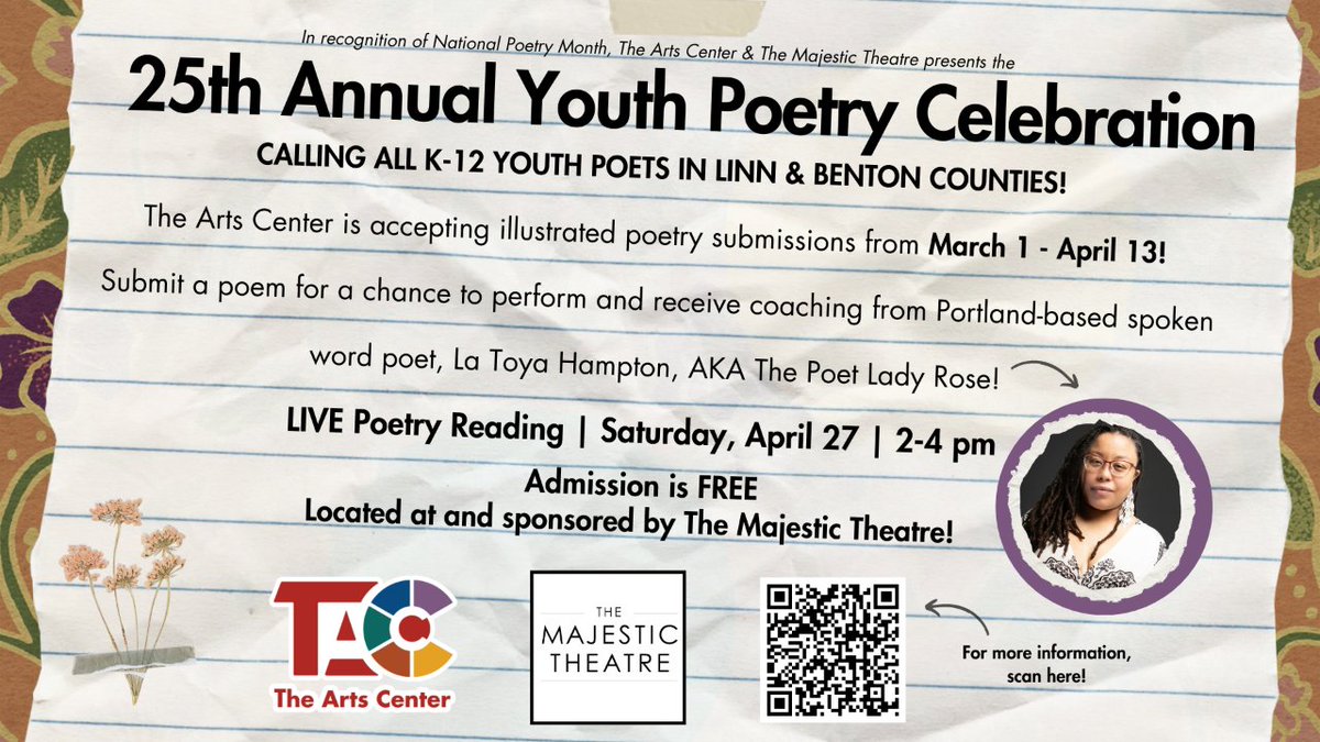 We're so excited to partner with The Arts Center to host the 25th Annual Youth Poetry Celebration! Come support our community's young poets in this amazing (and FREE!) live poetry reading on April 27, from 2-4 PM. 
#majesticcorvallis #theartscenter #youthpoetrycelebration