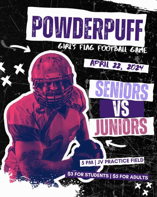 Tomorrow SMHS Senior &amp; Junior class will be hosting a Powderpuff game! Senior girls v.s. Junior girls at 5 PM. We would love it if you would come and support the girls in this fun event! $3 for students and $5 for adults. Hope to see you there! 💜